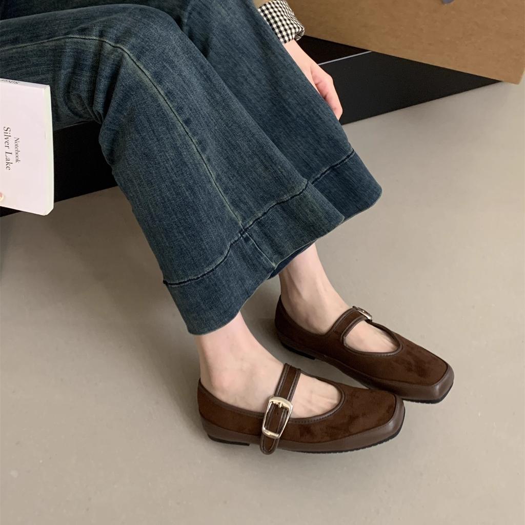 French retro suede ballet single shoes women's 2025 autumn new Korean version one-word strap flat Mary Jane women's shoes