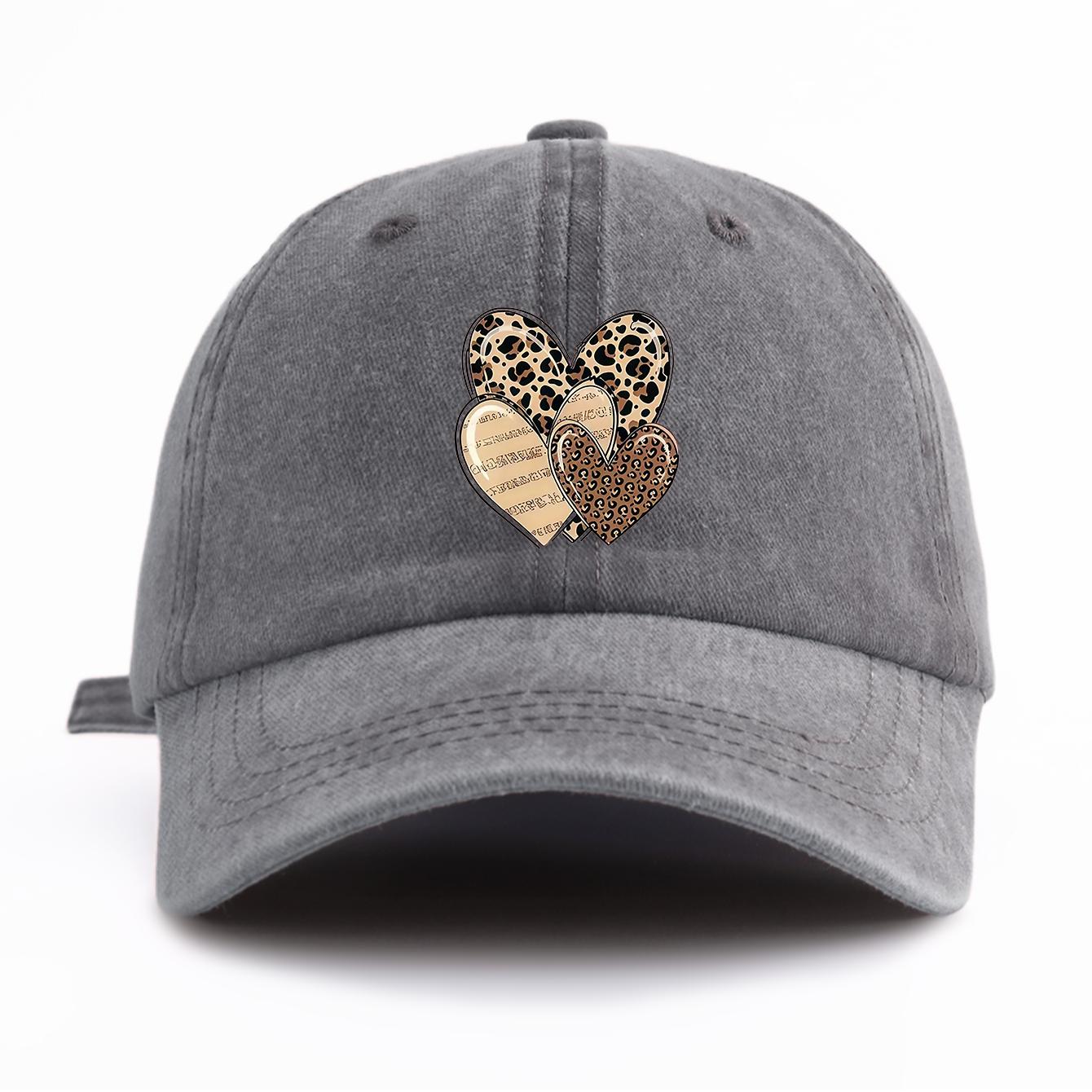 

1pc Leopard Heart Print Washed Baseball Cap for Adults, Minimalist Retro Style Casual Soft Adjustable Dad Hat, Perfect As Gift серый