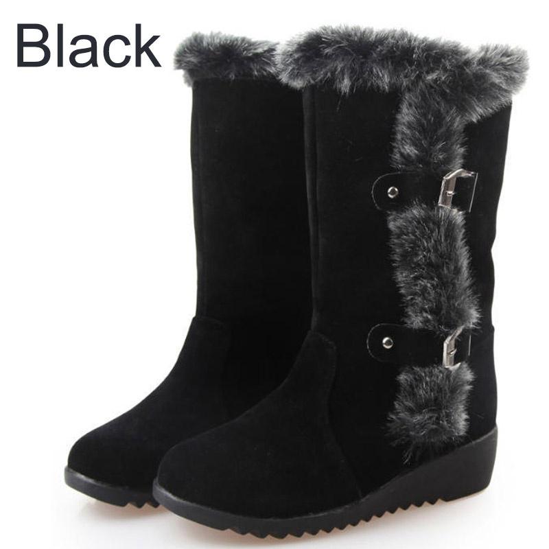 Women Snow Boots Slip-On Faux Fur Winter Shoes Mid-Calf Boots with Wedge Heel