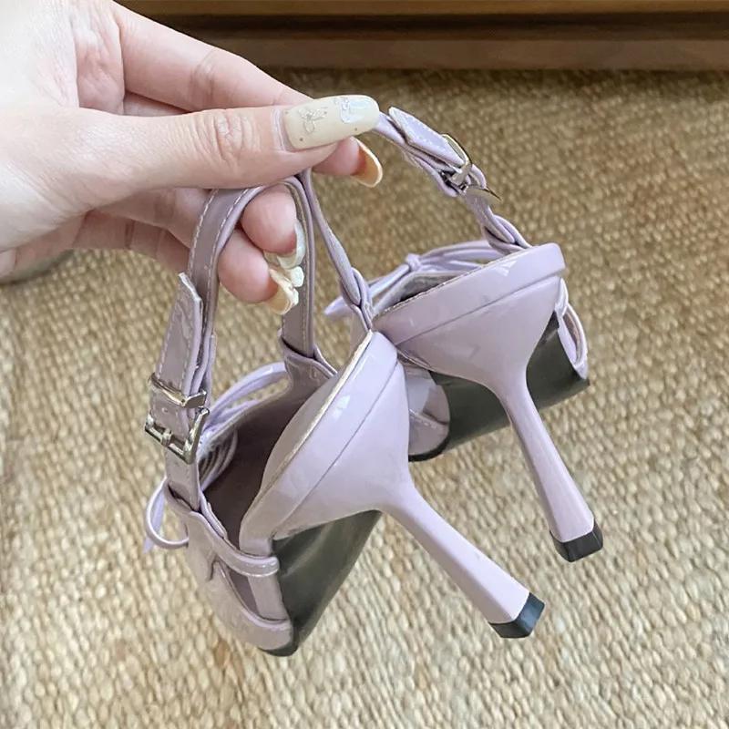 Fashion New Pointed Toe Patent Leather Strappy Design Women Pumps Elegant Thin High Heels Summer Fashion Hollow Slingback Heeled Sandals