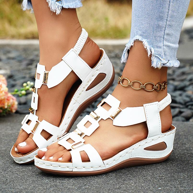 Sandali da Donna Estivi con Zeppa e Bocca di Pesce Fibbia Metallica Elastici Slip-On Scarpe alla Moda da Donna Taglie Forti
