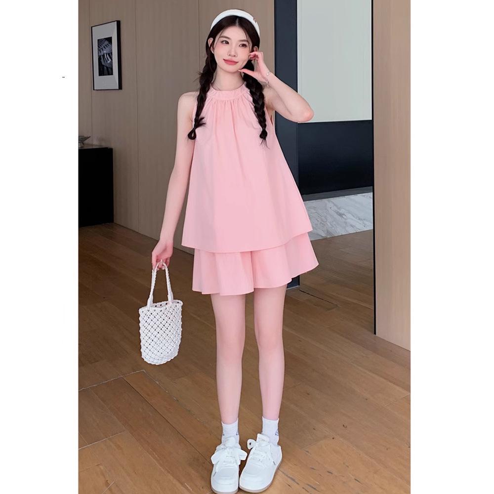 Francuski Uroczy Ciążowy Zestaw Babydoll Bez Rękawów Top i Szorty - Lato 2024