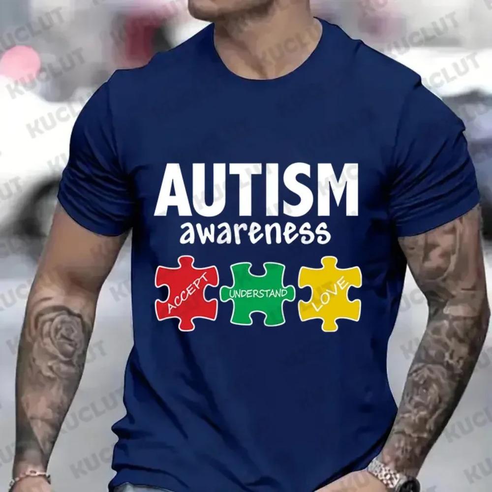 New Men's T-Shirt  Autism Awareness Print Short-Sleeved Shirt Summer Casual T-Shirt for Men Fashion Top Oversized Men's Clothes