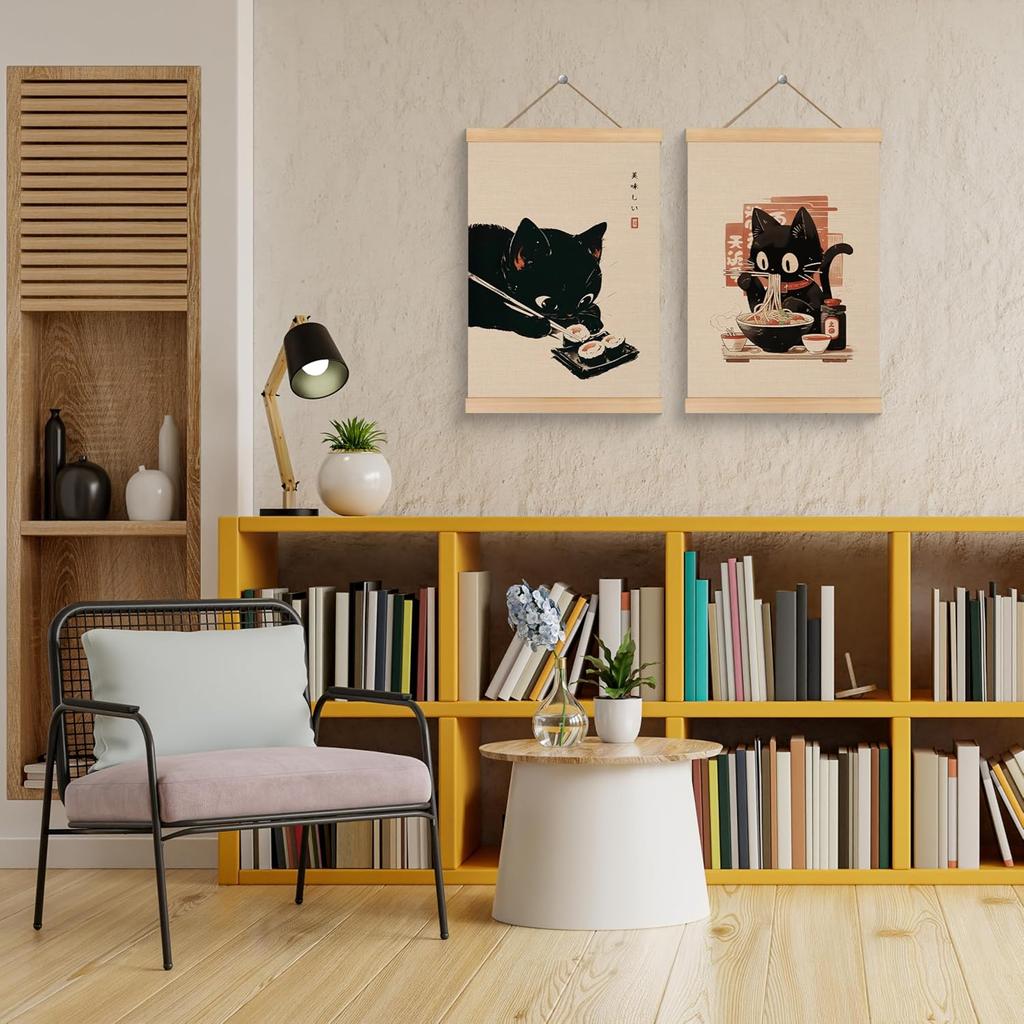 ROXMART Vintage Japanese Sushi Black Cat Poster Hanger Frame, Retro Edo Period Ramen Sushi Cat Wall Art Prints Decor for Kitchen Restaurant Home