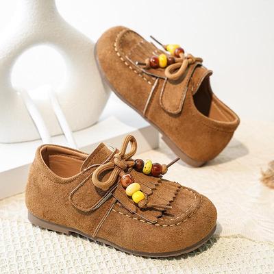 2026 Stilvolle Lederquasten-Prinzessinnenschuhe für kleine Mädchen - Frühling/Herbst Weiche Sohle Bohnenschuhe