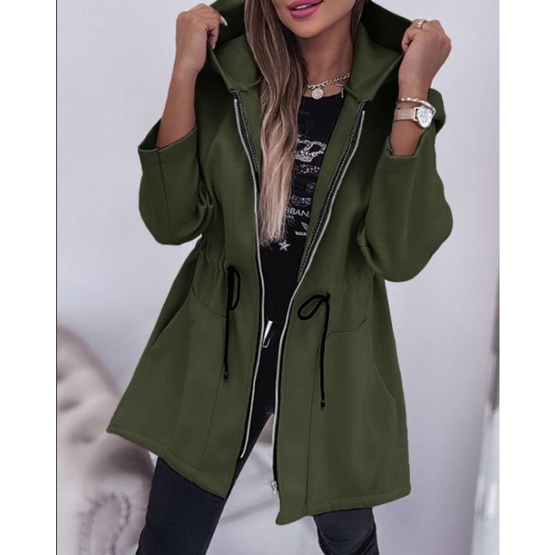 Dames S Capuchon Lange Mouw Tailleband Rits Effen Middellang Casual Jas