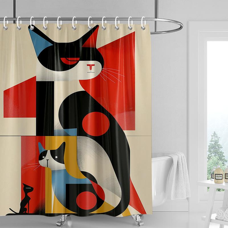 Cartoon cat waterproof shower curtain home decoration bathroom partition shower curtain 180x 200cm with 12 hooks