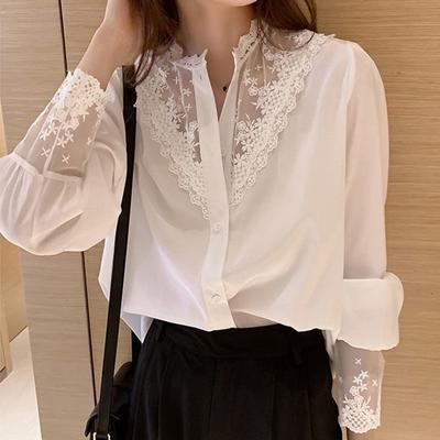 2023 sommer Spitze Hemd Mode Haken Blume Hohl Chiffon Bluse Süße Laterne Langarm Weiß Tops Stehkragen Kleidung 27143