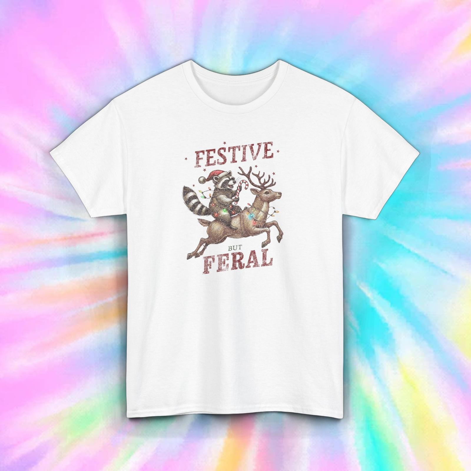 Festive But Feral Shirt S-5XL Raccoon Riding Reindeer Funny Holiday Gift Tee XXXXL