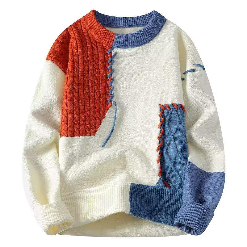 Men's Patchwork Color Block Wool Sweater - Winter Casual Loose Fit