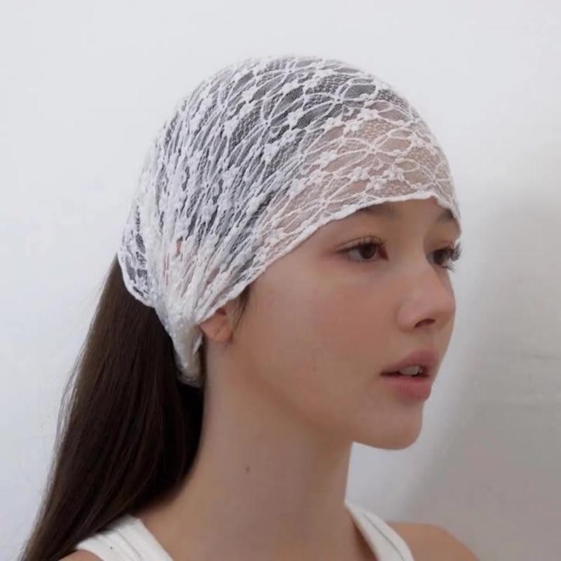 Girls Lace Elastic Wide Headband Summer Thin Hollow Head Scarf Embroidered Headwrap Head Covering For Party Hair Accessory