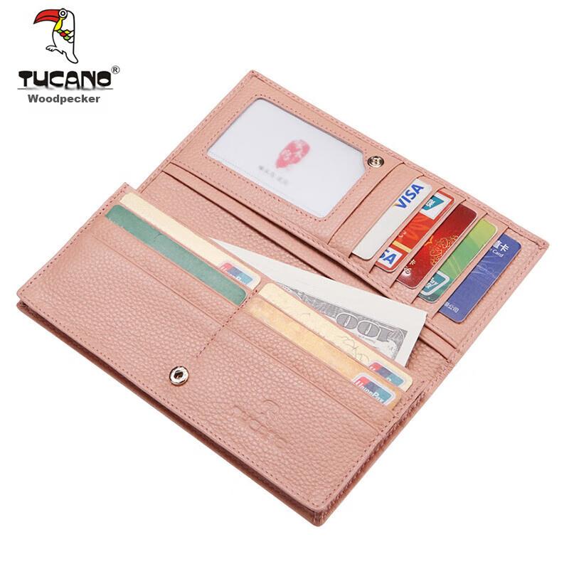 TUCANO Women's Wallet, Top-Grain Leather, Long-Style Purse, Multi-Card Slots, Pink