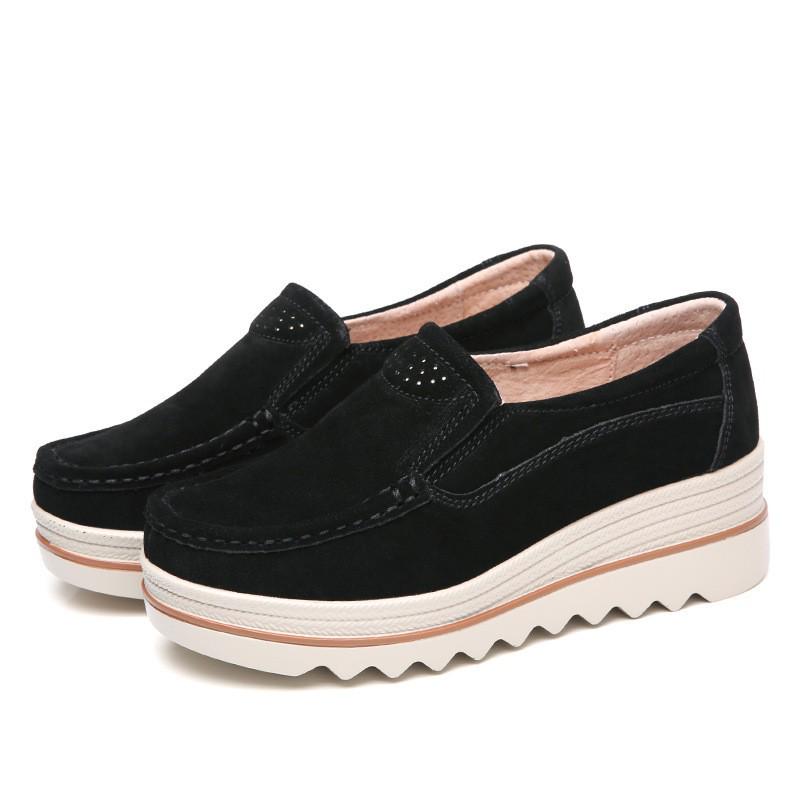 2018 Damen Plateau Slipper: Keilabsatz mit dicker Sohle, Echtes Leder, Lässiger Rocking-Stil, Große Größen verfügbar
