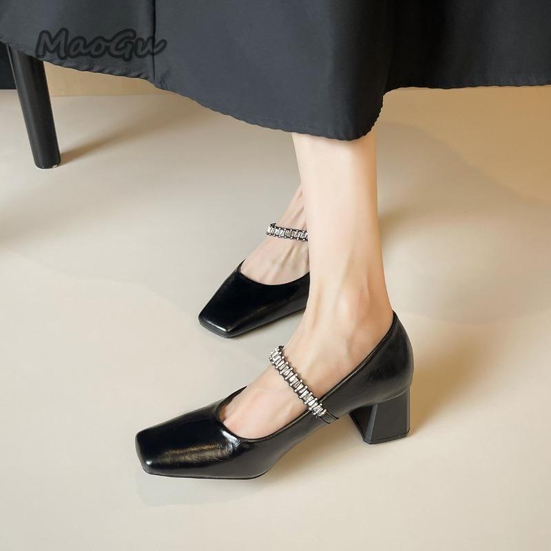 Fashion French Style Black Mary Janes Women's Mid Heel Pumps with Rhinestone Ankle Strap Chunky Square Toe Fashion Work Shoes for Women