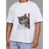 White T-Shirt with Cat and Text Print for Casual Wear