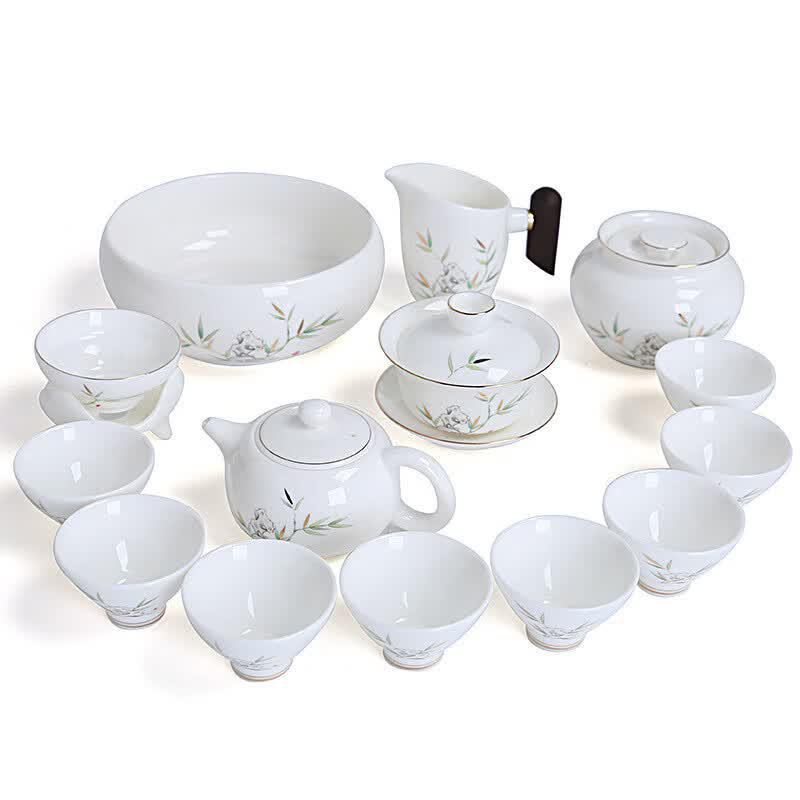 Cha Xun Mutton-fat Jade Porcelain Bamboo Elegance Tea Set