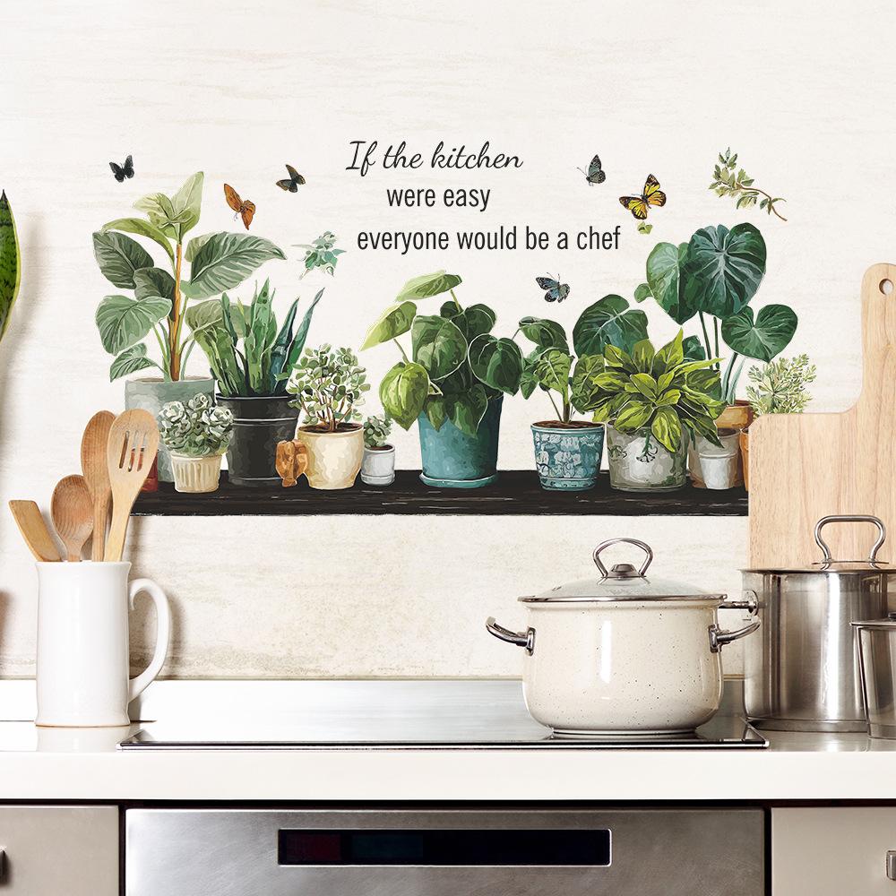 Green Plants, Potted Butterflies and English Slogans, Wall Stickers for Study and Living Room Decoration