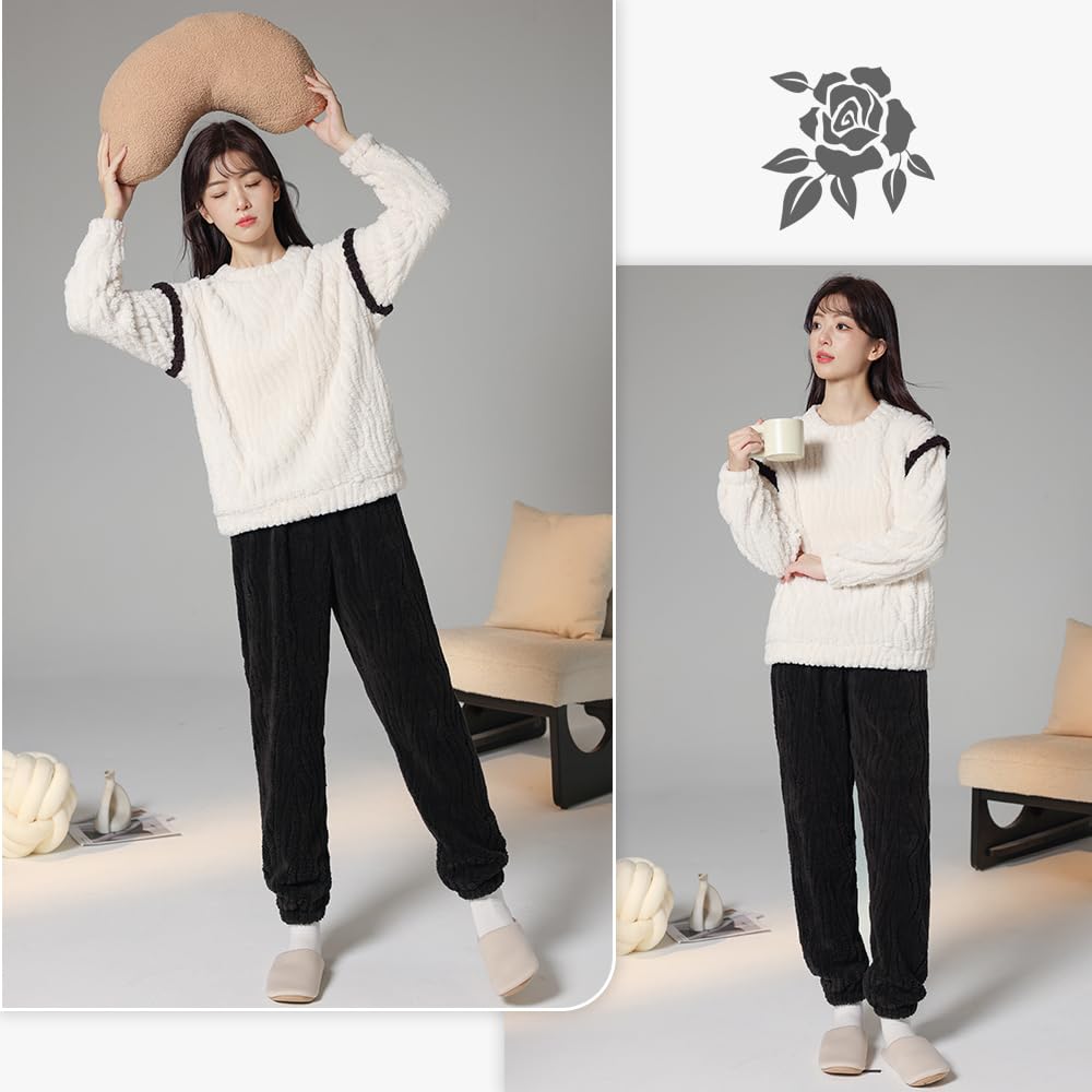 Akihee Winter Solid Color Pajama Top and Long Sleeves and Cold Loose Available In 3 Colors Women's Loungewear, Fluffy, Set, Bottoms, Pants, Thick,
