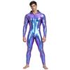 Men Metallic Shiny Hooded Jumpsuit Long Sleeve Front Zip-up Leggings Tights Catsuit Bodysuit for Rave Party Clubwear Night Out