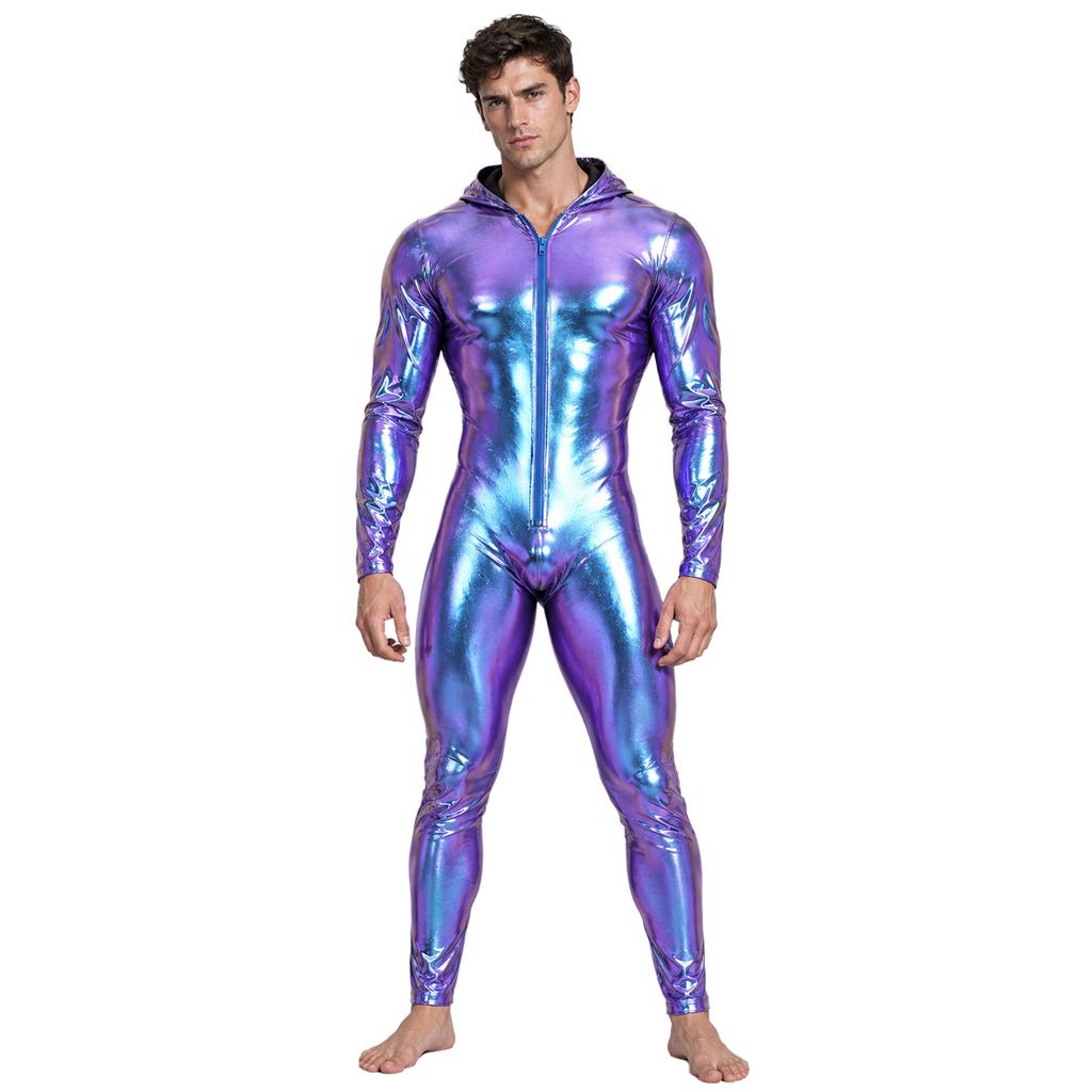 Men Metallic Shiny Hooded Jumpsuit Long Sleeve Front Zip-up Leggings Tights Catsuit Bodysuit for Rave Party Clubwear Night Out