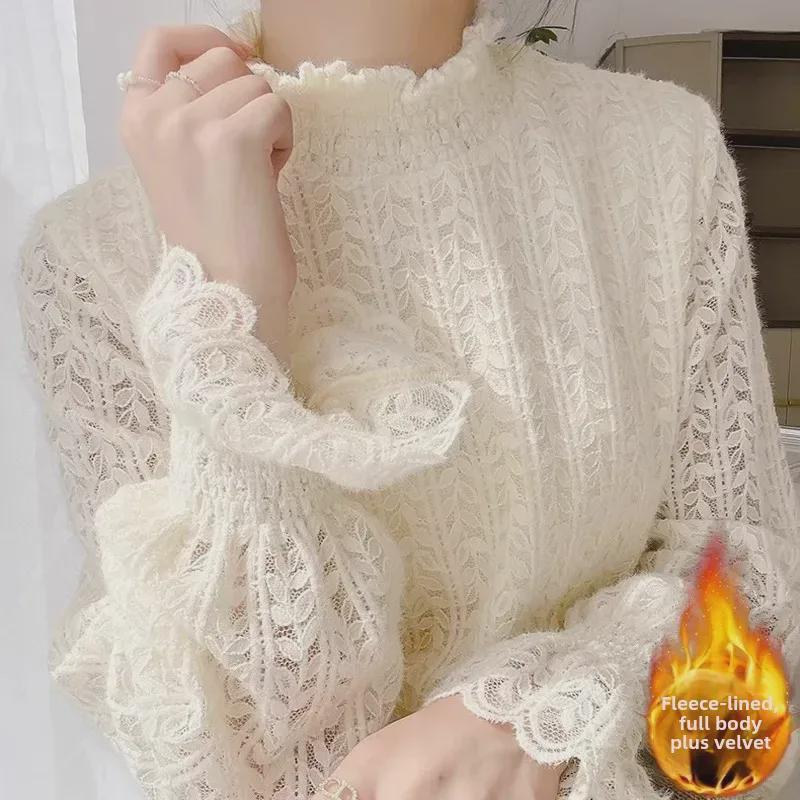 Women's Thickened Velvet Lace Half-Turtleneck Top - Elegant Autumn/Winter 2024 Fashion