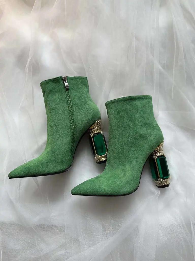 Mode Schwarz/grün Grüner Edelstein Absatz Stiefeletten Wildleder High Heel Stiefel Spitz Zehenbereich Seitenreißverschluss Mode Damenschuhe Kurz-/Langstiefel