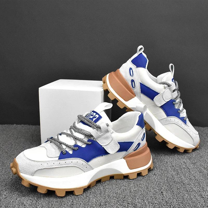 Color Block Fashion Chunky Sneaker Men Running Shoes Casual Leather Fabric Breathable Height Increased Platform Sport Shoes