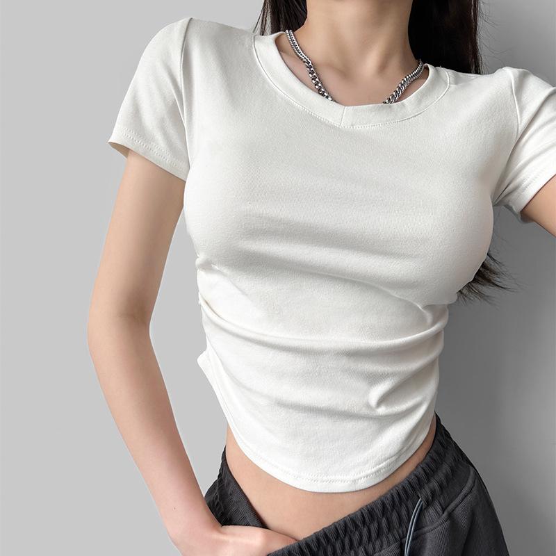 

Женская обтягивающая футболка с круглым вырезом в европейском и американском стиле - укороченная рубашка на весну и лето Small