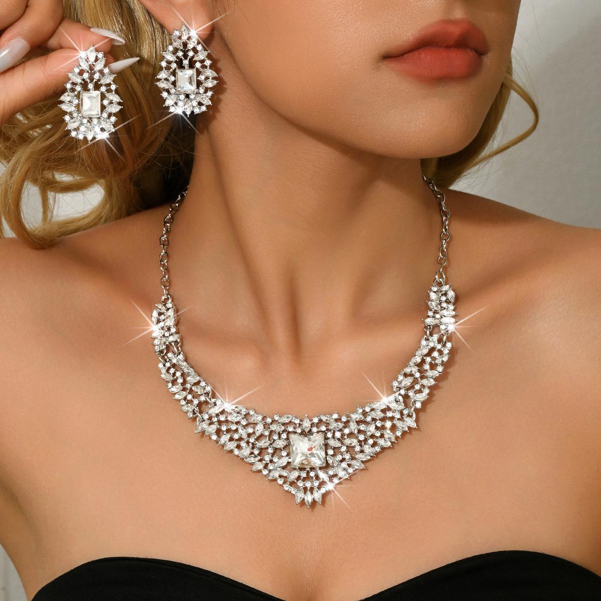 Свадебное колье, серьги, свадебное платье, полностью бриллиантовые цветы, комплект из двух предметов, хрустальные, полностью бриллиантовые, темпераментные ювелирные украшения, аксессуары
