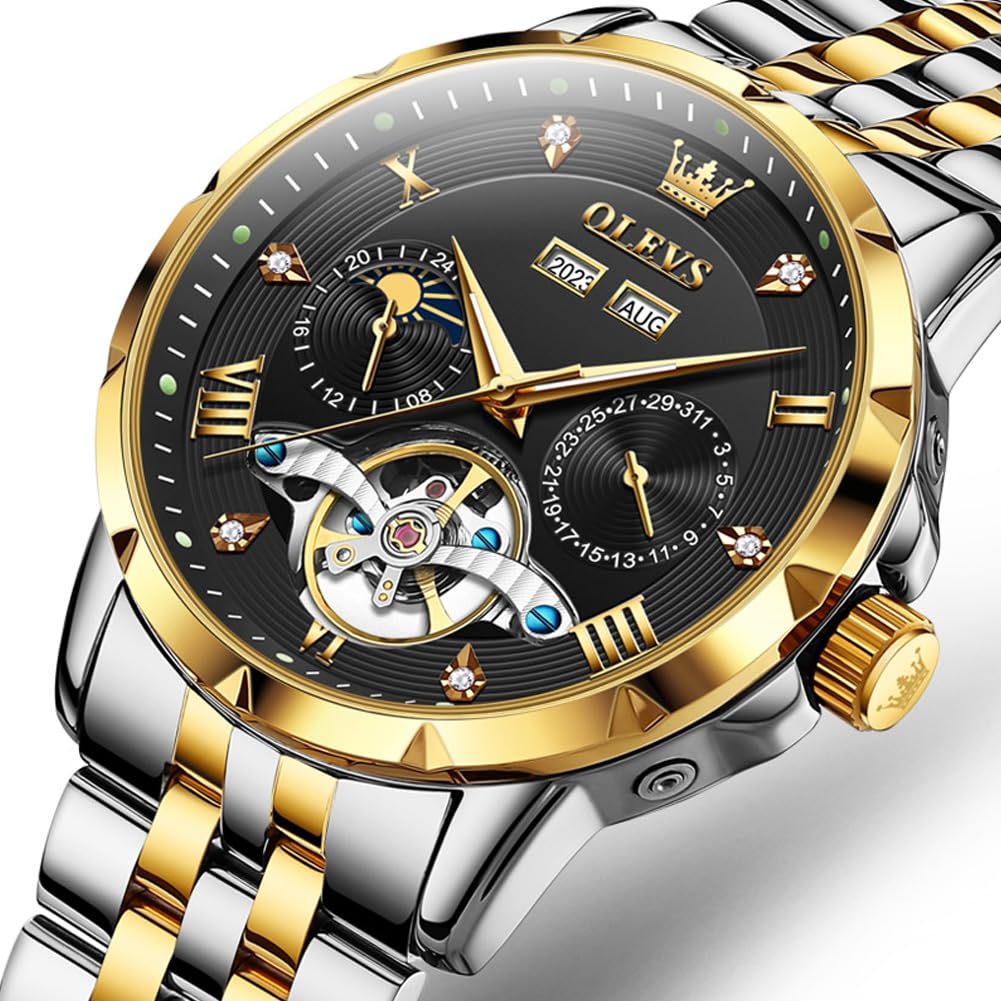 OLEVS Mechanical Automatic Winding Moon Phase Stylish Skeleton Waterproof Popular Watch Luminous Watch for Men Black Gold Men's &