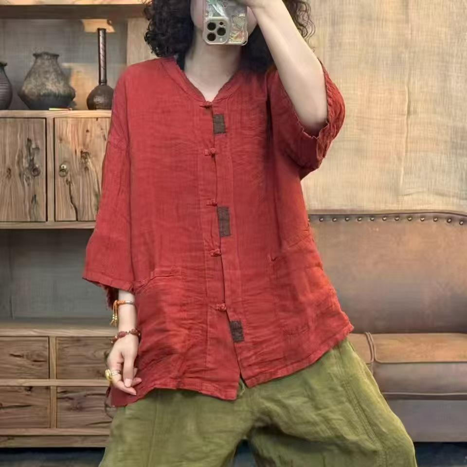 1116 Summer New Women's Crew Neck Japanese Linen Shirt Loose Shirt Top Cardigan Literary and Art Casual
