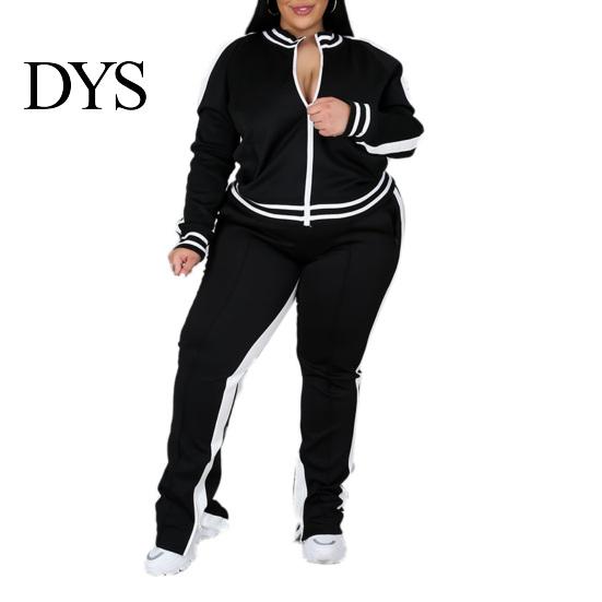 Dames Effen Kleur Casual Outfit 2 Delen/Set Joggingpak Grote Maten Ritssluiting Lange Mouwen Dagelijkse Kleding Tweekleurig Trainingspak met Broek