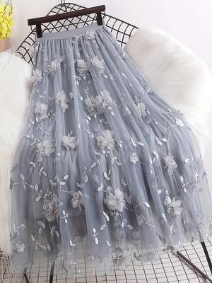 Floral Applique Mesh Skirt, Casual Elastic Waist Skirt, Women's Clothing