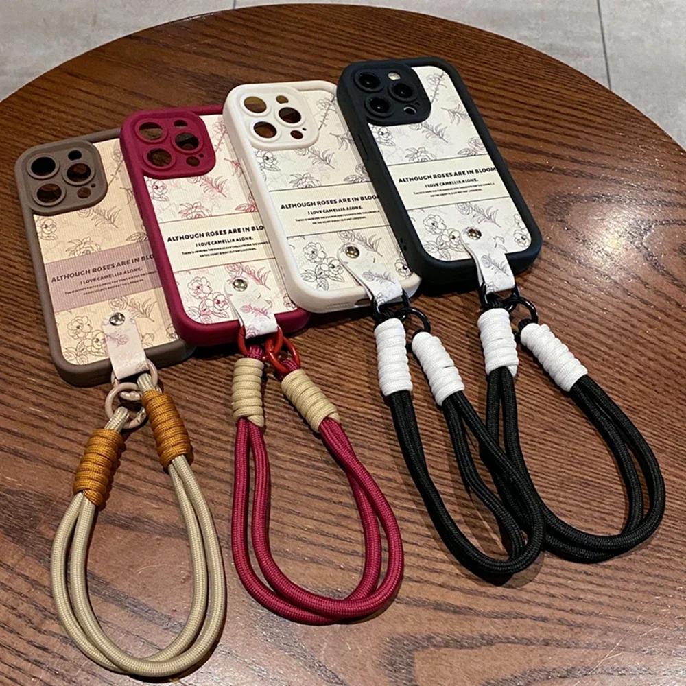 Luxury Camellia Wrist Strap Phone Cases for iPhone 13 11 14 15 Plus 12 16 Pro Max X XR XS 15pro MAX Case Silicone Lanyard Cover