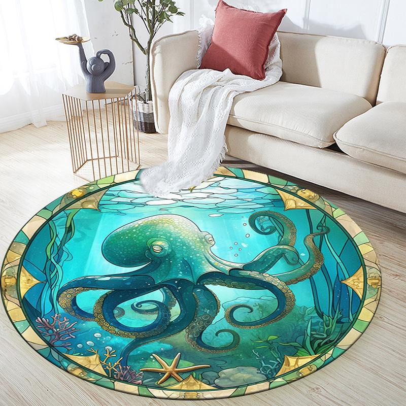 Octopus and Starfish Round Area Rug,Carpet Rug for Living Room Bedroom Sofa Playroom Decor,Non-slip Floor Mat