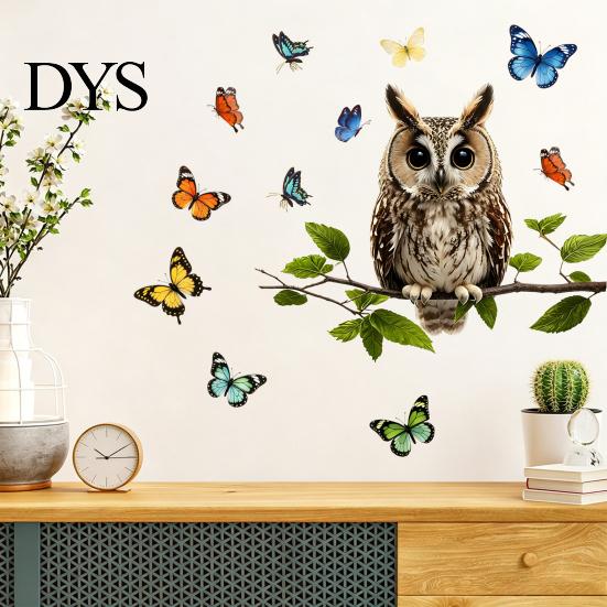 Natural Forest Theme Wall Decor Owl Butterfly Sticker, Animal Illustration Decorative Decals, Pastoral Style Mural Waterproof Removable Stickers, for