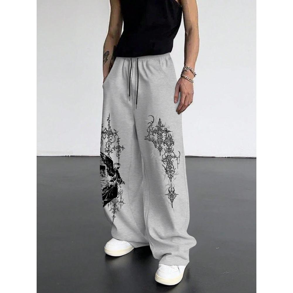 Pantaloni Sportivi Larghi in Poliestere Casual con Stampa Angelo Oscuro da Uomo, Pantaloni a Gamba Larga Street Wear High Street, alla Moda Stile Hip-hop