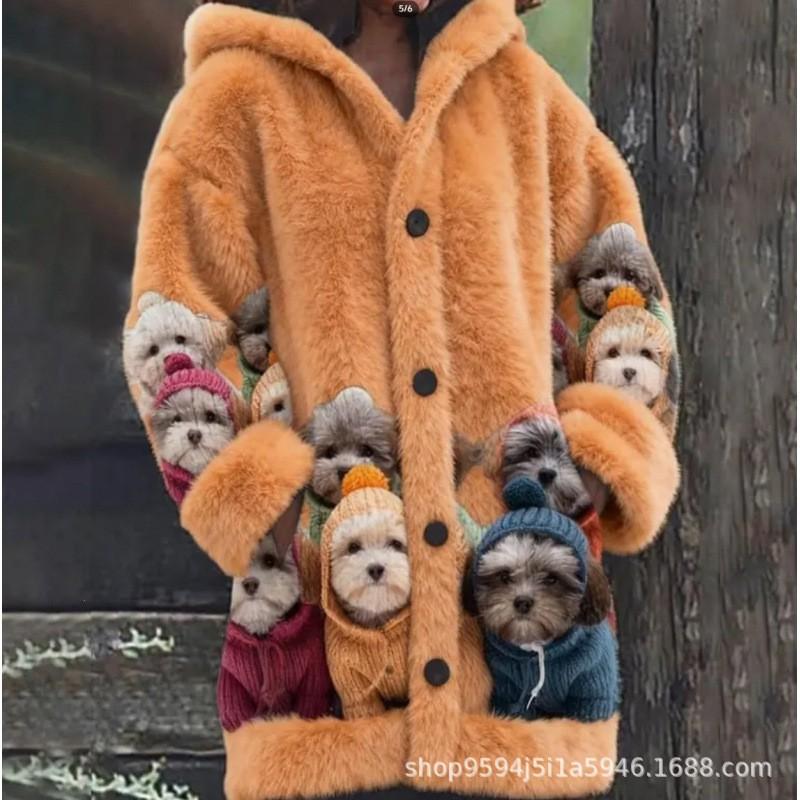 Womens 3D Cat Print Hooded Cardigan Sweater Coat Long Sleeve Thick Casual Outerwear