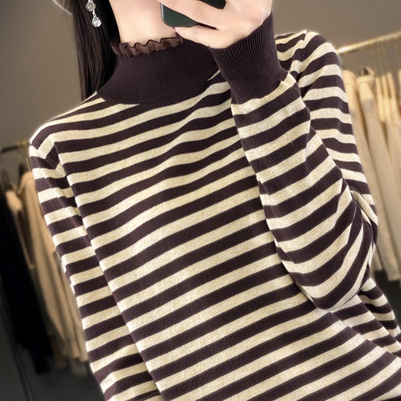 24 Spring Striped Semi-turtleneck Knitted Shoulder Sleeve Bottom Shirt Loose Versatile Pullover Long Sleeve Top