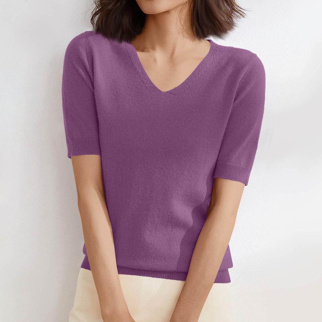 Women's Sweater T-Shirt Short Sleeve Knitted Tops Pullover V-Neck Sweater Lightweight Casual Color Sweater Elegant Spring Summer Tops