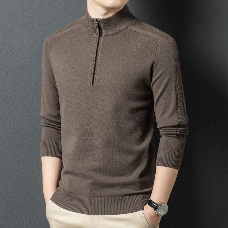 FengXun Men's Solid Color Mock Neck Zipper Knit Sweater
