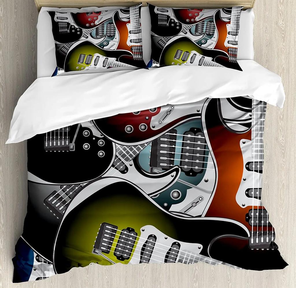 3Pcs Bedding Collection Rock Guitar Music Home Textile Duvet Cover Pillow Case Boy Kid Teen Girl Bedding Covers Collection