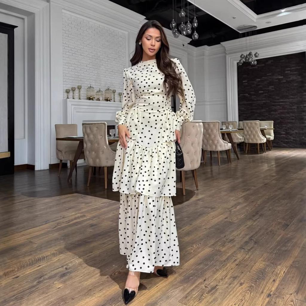 European and American women's clothing spring new polka dot printing layered skirt big pendulum long thin dress long dress