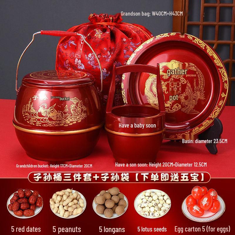 Prosperity Wedding Bride Dowry Bucket - Happy Plastic Spittoon & Small Toilet Set