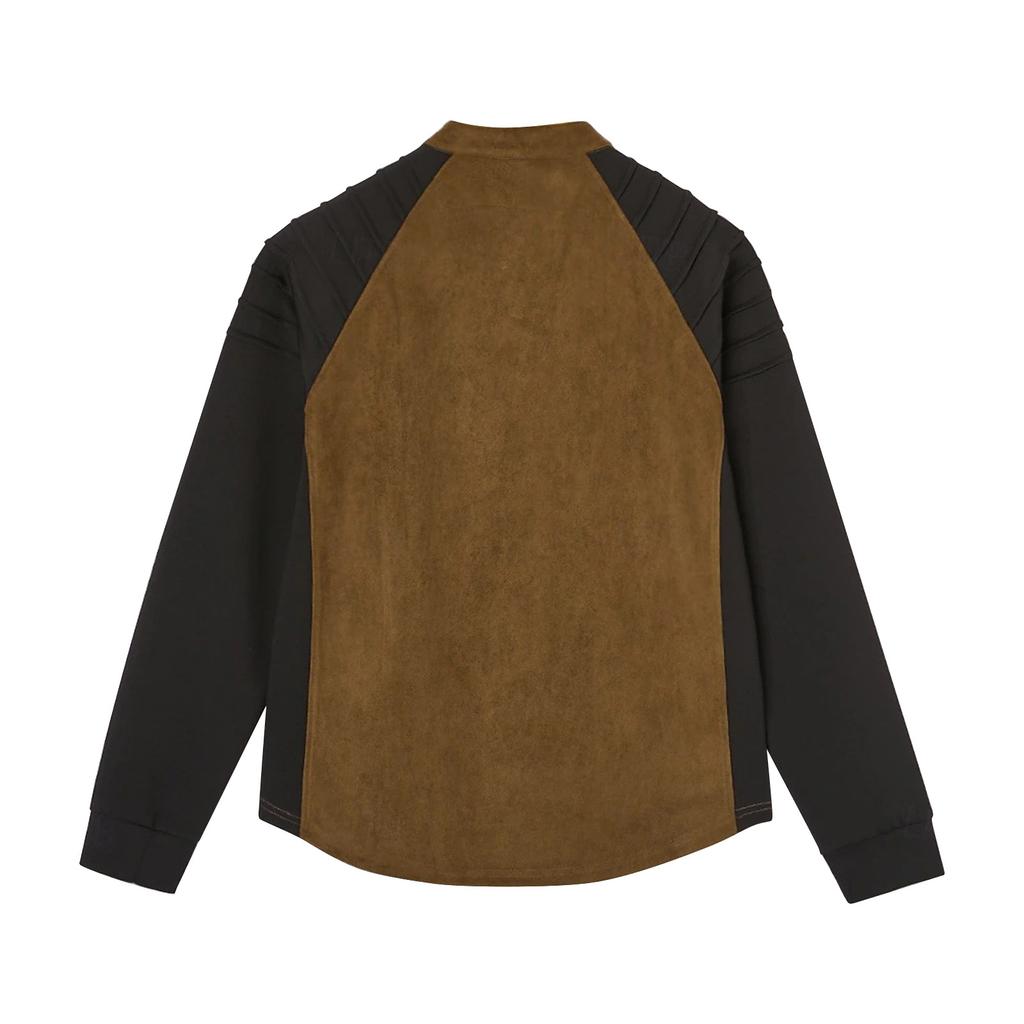 Męska koszulka z długim rękawem z zamszowymi wstawkami patchworkowymi i ściągaczem przy szyi, sportowa koszulka z długim rękawem plus size