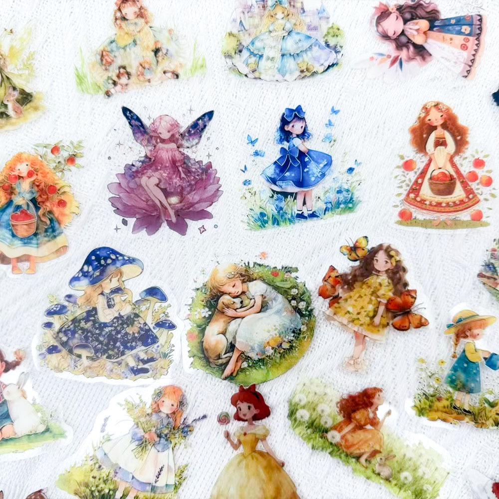 50 Sheets of Fairy Tale Princess Cartoon PET Transparent Stickers for Laptops, Suitcases, and DIY Projects