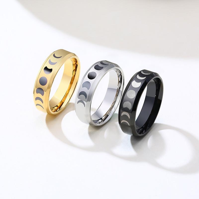Stainless Steel Moon Phase Ring Black Crescent Moon Wiccan Ring Triple Goddess For Women Men 6mm Jewelry