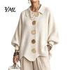 Women Knit Cardigan Oversized Sweater, Collared Top with Large Metal Relaxed Fit Buttons, Loose Lantern Sleeve Casual Sweater for Spring Autumn Button