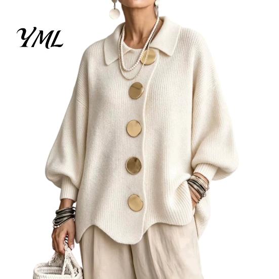 Women Knit Cardigan Oversized Sweater, Collared Top with Large Metal Relaxed Fit Buttons, Loose Lantern Sleeve Casual Sweater for Spring Autumn Button