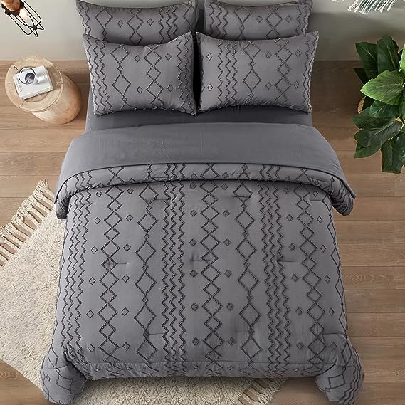 

Boho Shabby Chic Comforter Geometry Embroidery 3 Pieces Soft Microfiber Comforter Bedding Set for All Seasons KING сірий колір